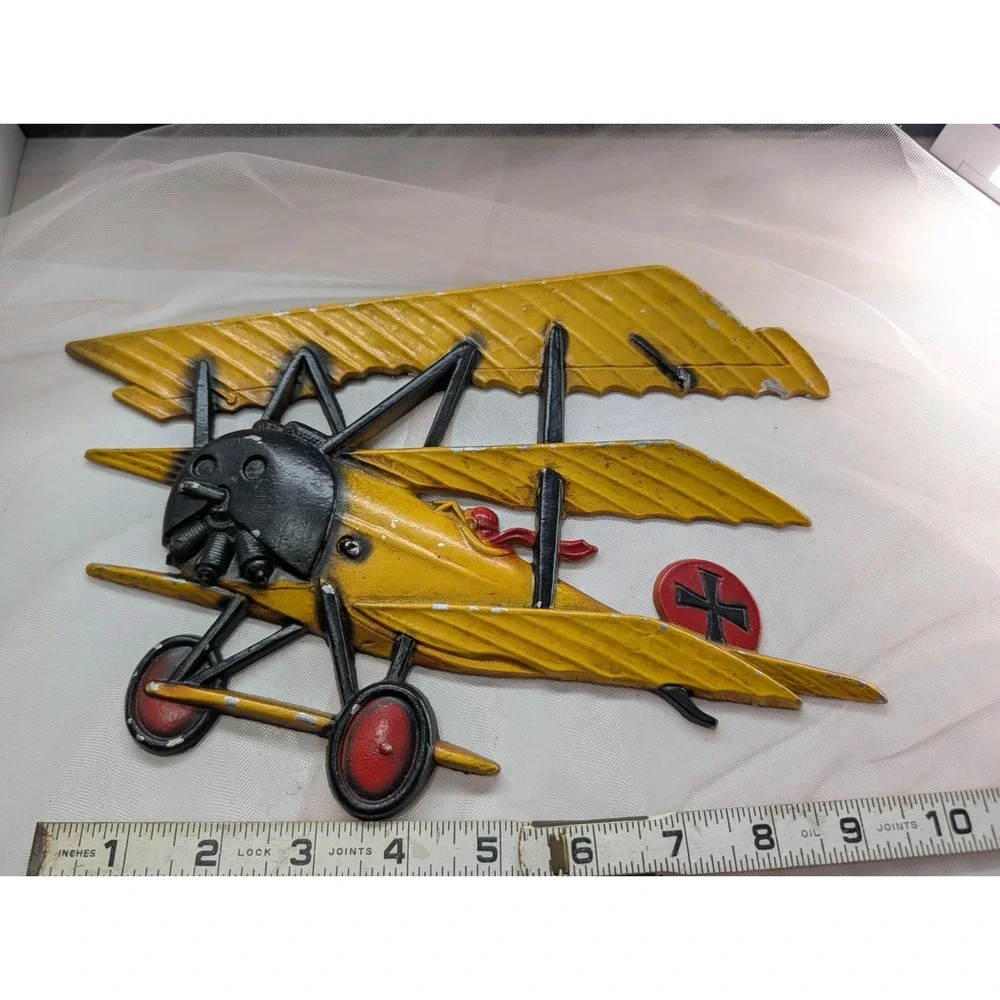 HOMCO USA Metal Biplane Wall Plaque Lot of 2 Yellow & Red Airplane Decor